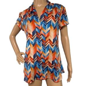 Roz & Ali Multi Color Chevron Print Short Sleeve V-Neck Blouse Size M